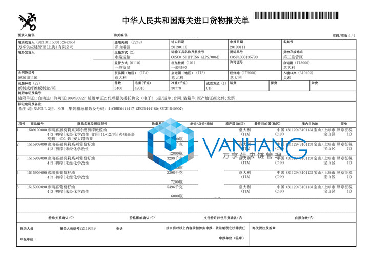 进口意大利食用油清关 进口意大利食用油清关